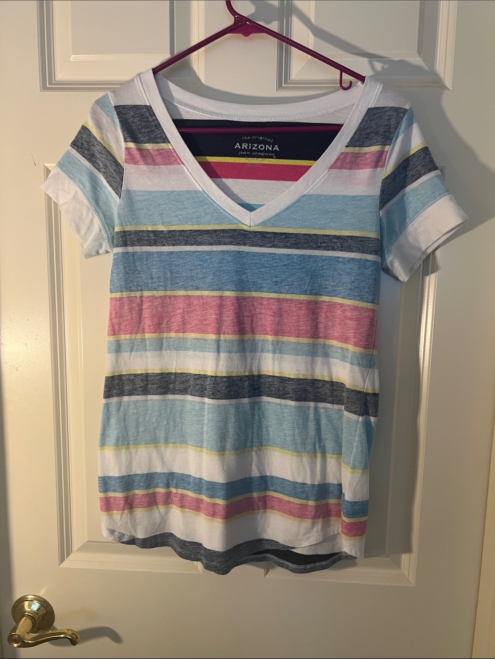 Arizona Jean Company V-Neck Short Sleeve Tee in Pastel Stripe
